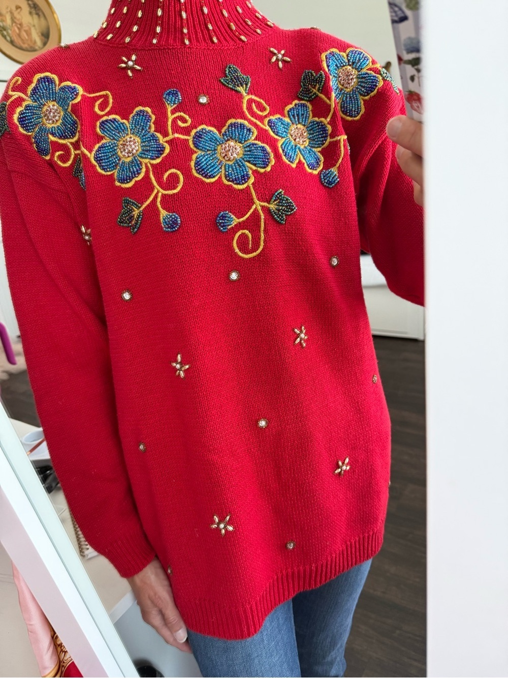 NWT Victoria Jones Beaded Floral Sweater Ramie Cotton Mock Neck Cottagecore M